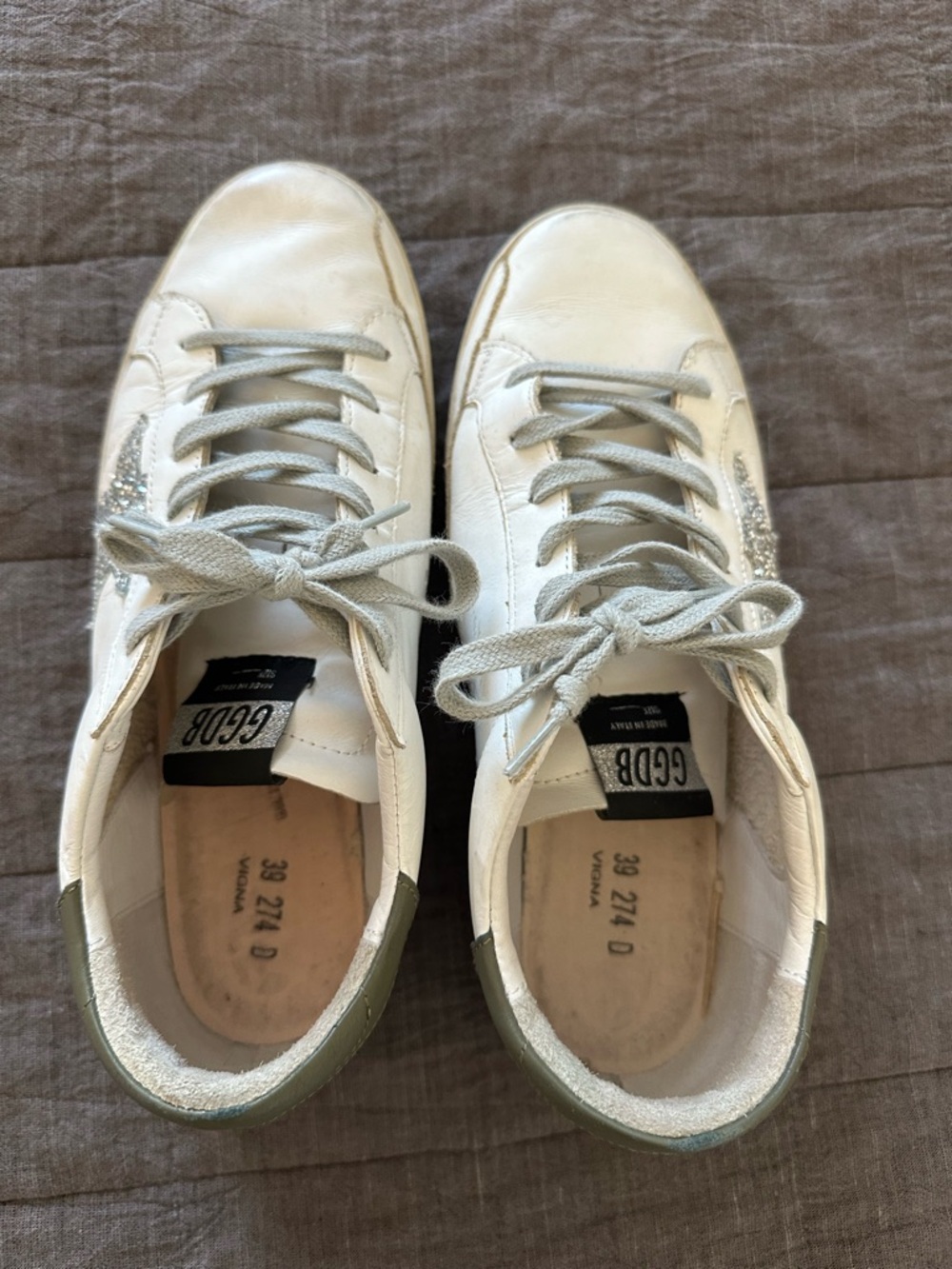 Golden Goose White Leather Low-Top Sneakers with Silver Star and Gray Laces